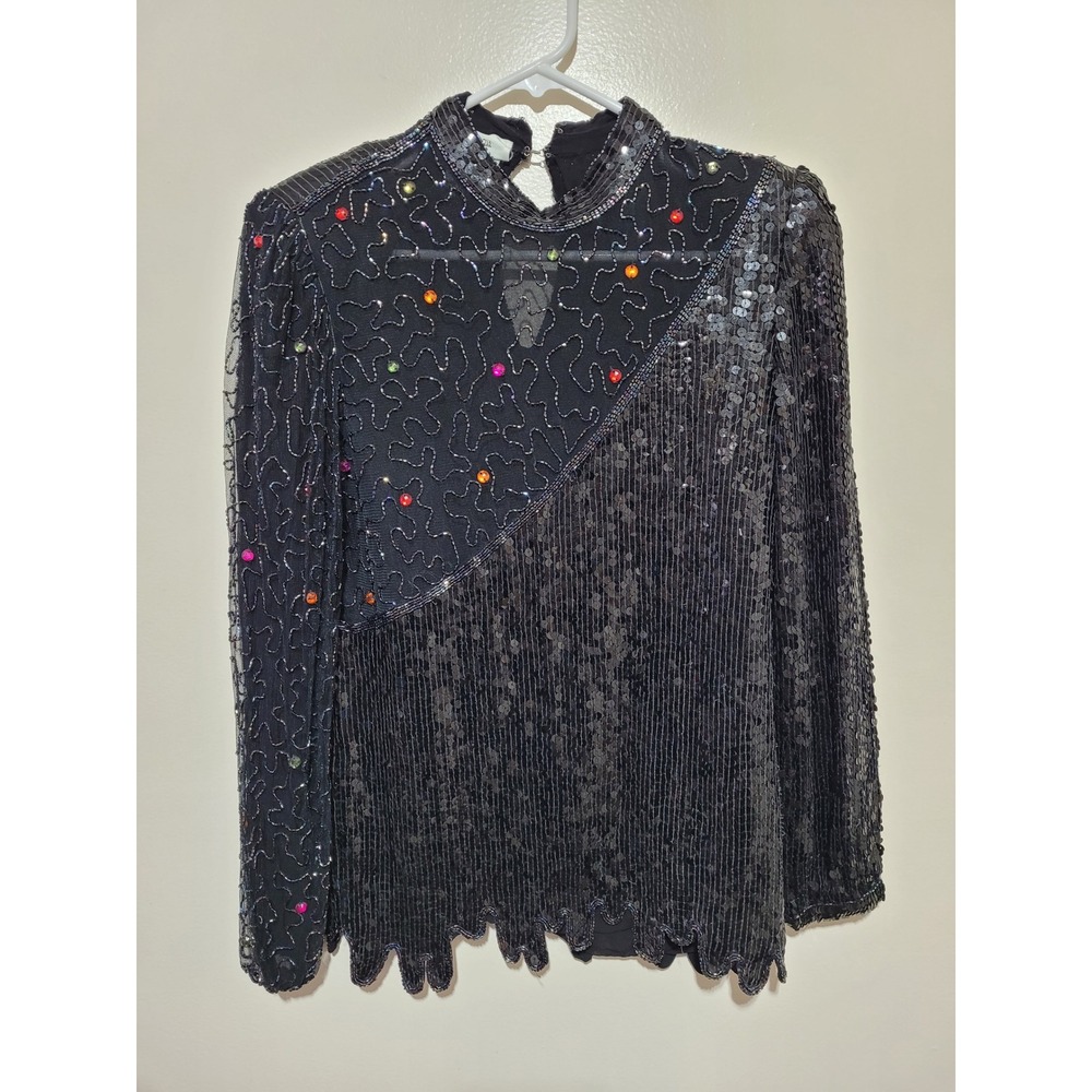 Vintage Neiman Marcus Sequin Beaded Top Women M Black Silk Evening Mock Neck